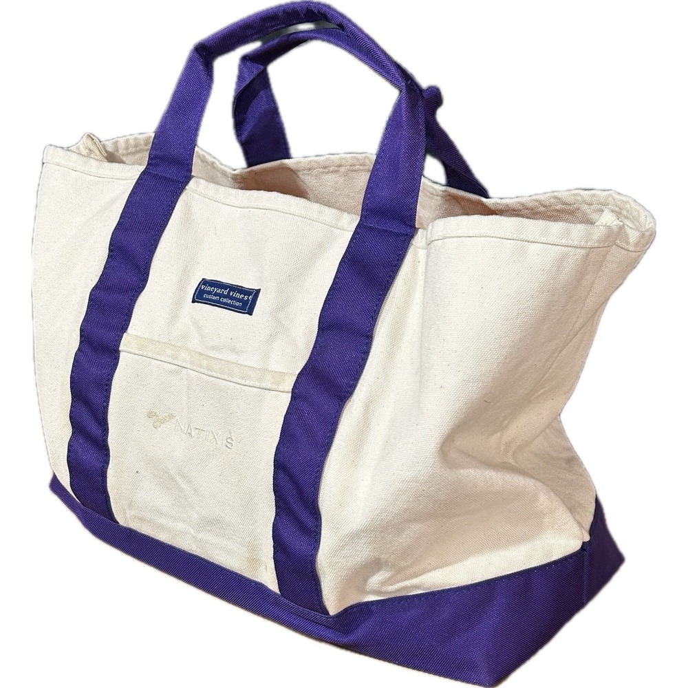Vineyard Vines Cream Canvas Tote with Purple Trim and Handles